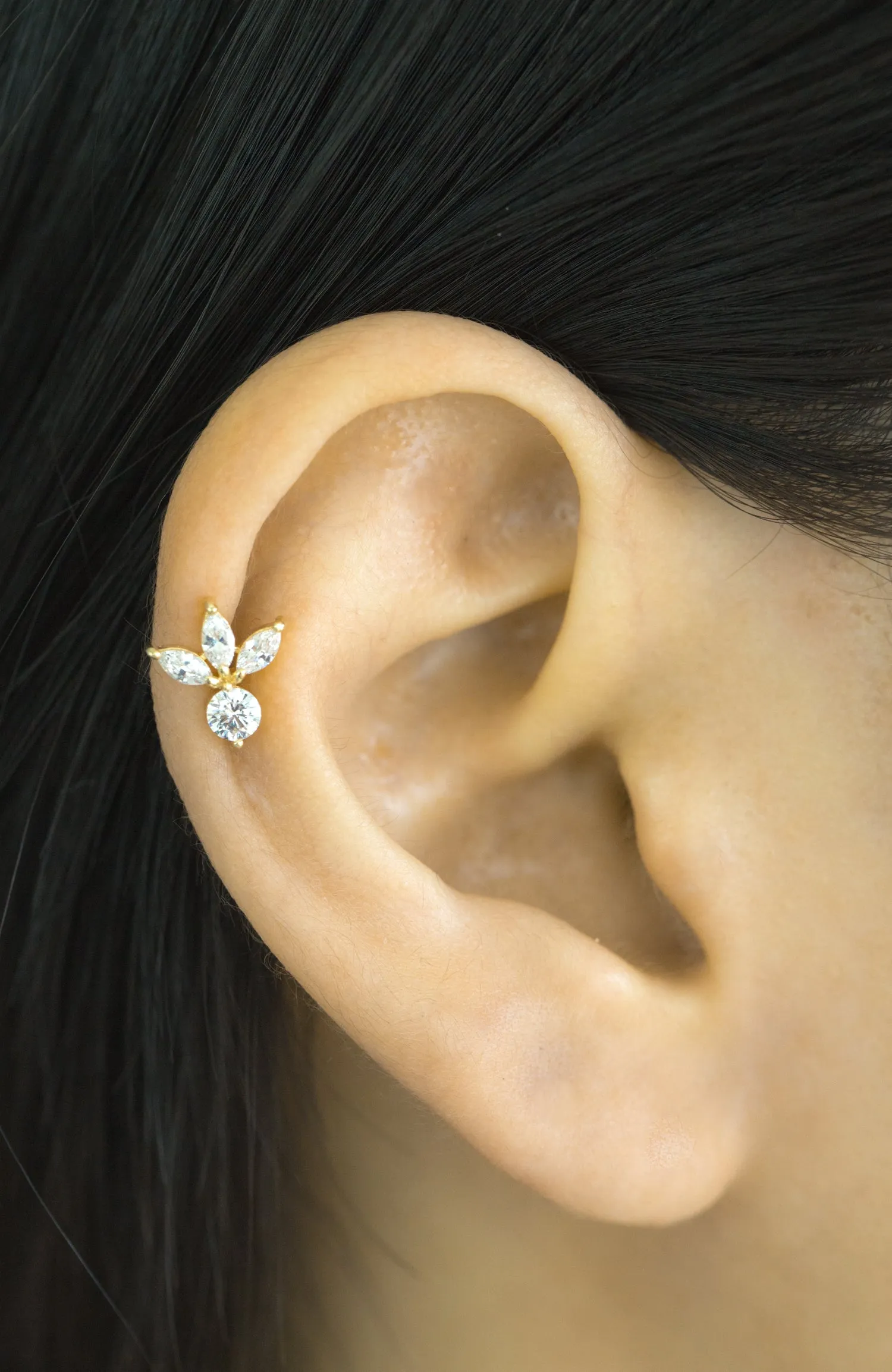 14k Gold Cubic Royal Tiara Flower Barbell Ear Stud Piercing