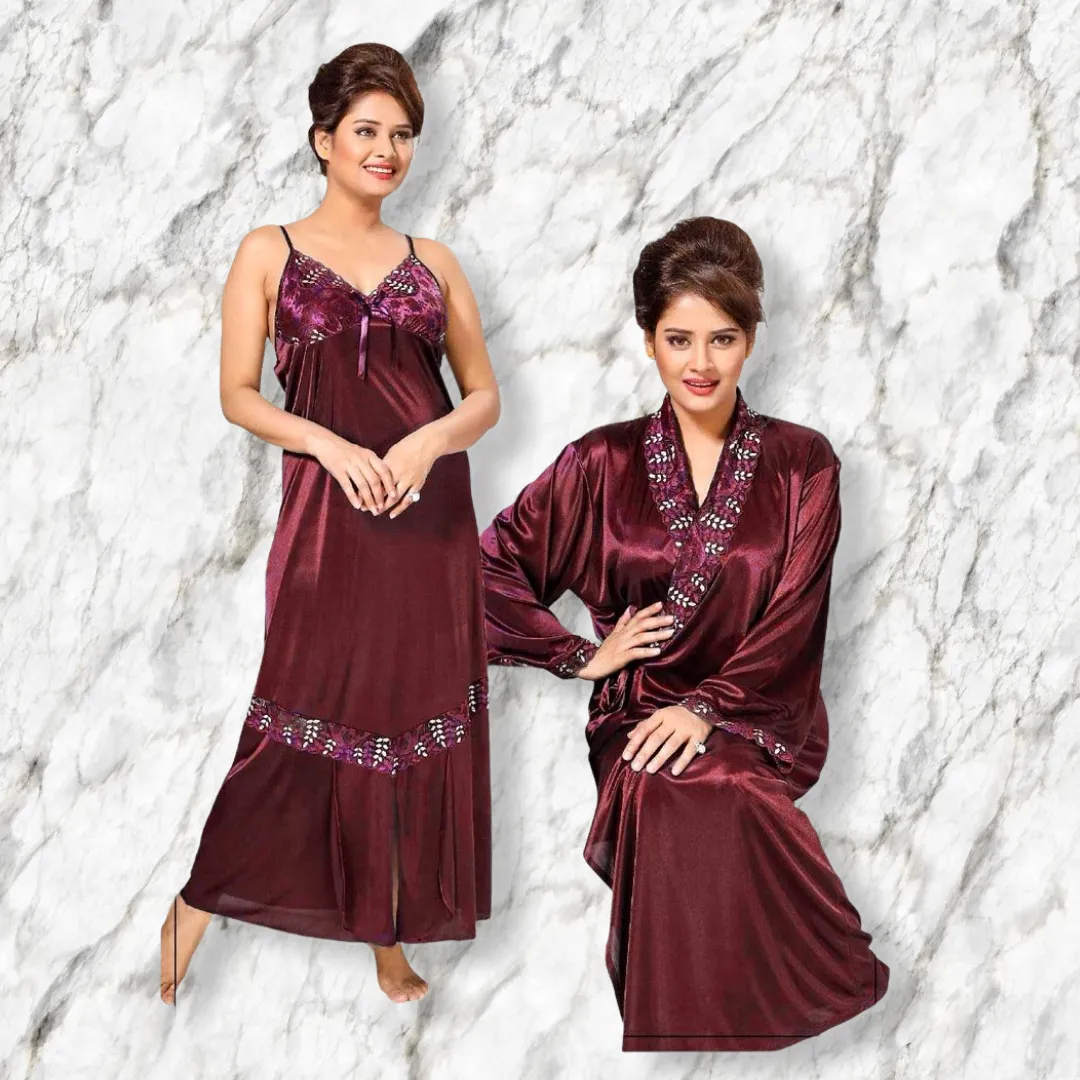 2 Pcs Maroon FL-630 - Flourish Exclusive Bridal Nighty Set Collection