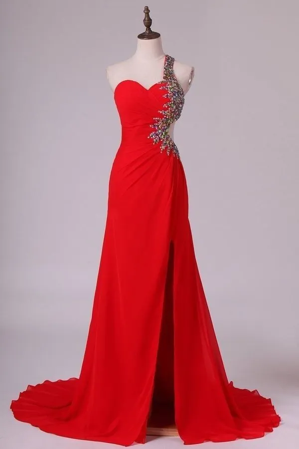 2024 One Shoulder Sheath Prom Dresses Red Chiffon With Beads And PTJ85E4B