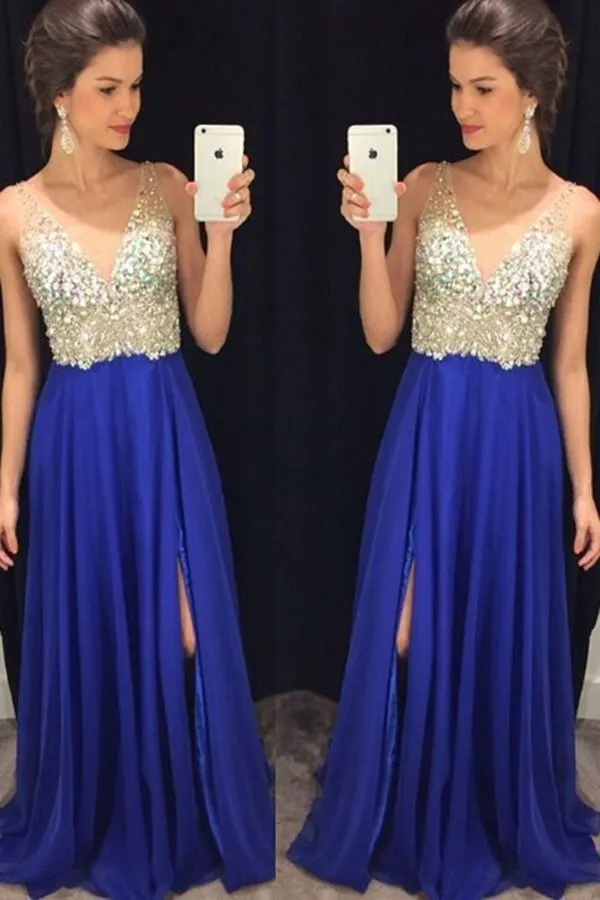 2024 V Neck Prom Dresses A Line Chiffon With Beads P6X1T676