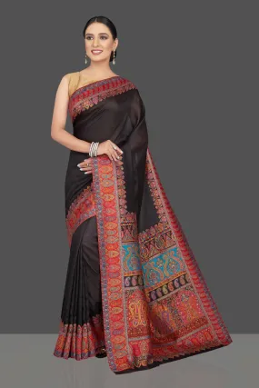 90K789-RO Black Tussar Silk Saree with Kani Embroidery