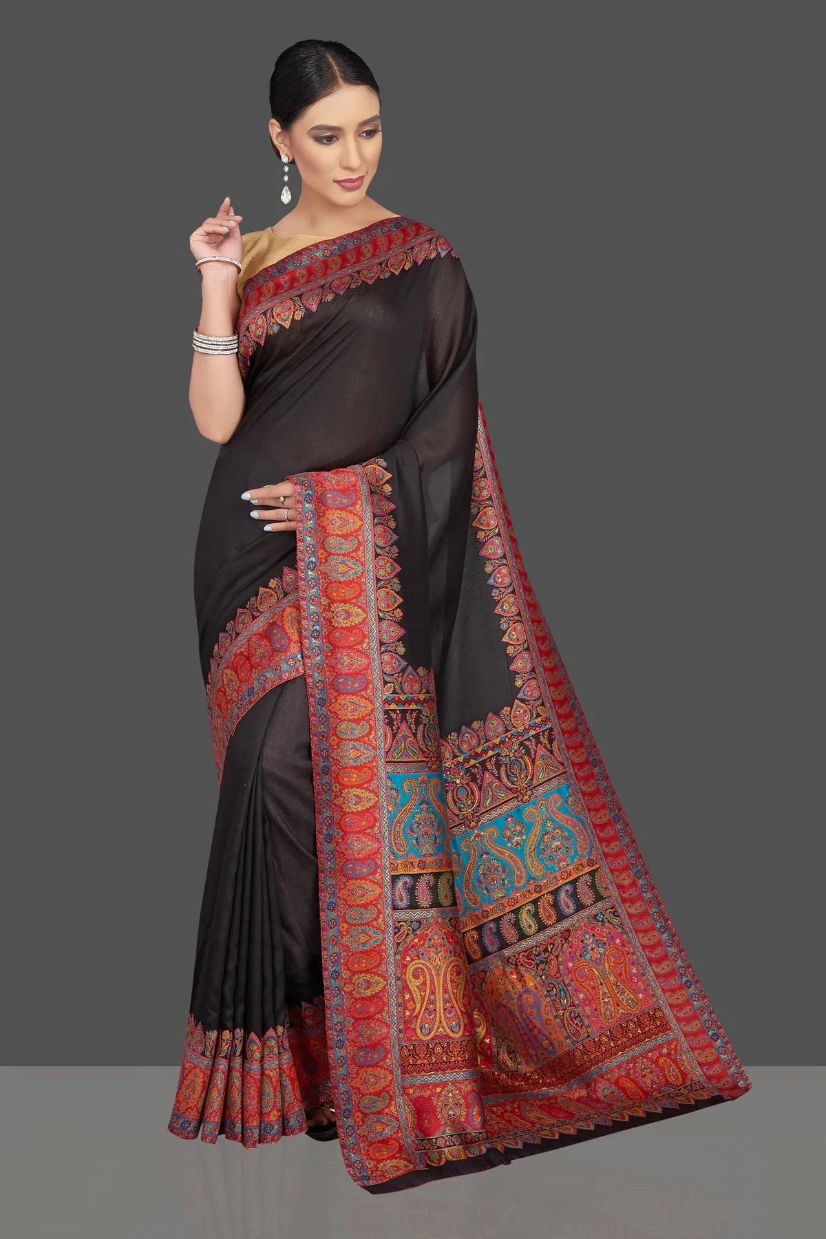 90K789-RO Black Tussar Silk Saree with Kani Embroidery