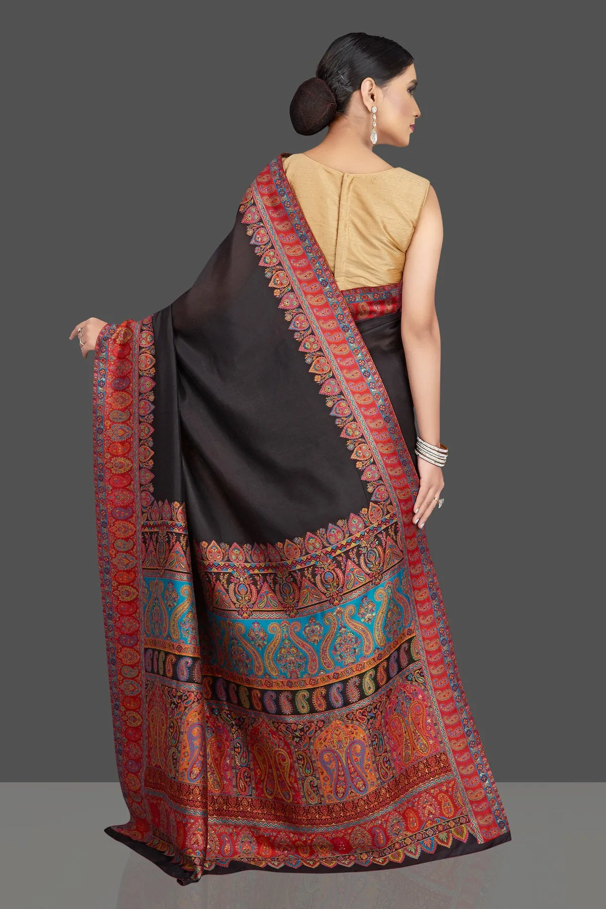 90K789-RO Black Tussar Silk Saree with Kani Embroidery