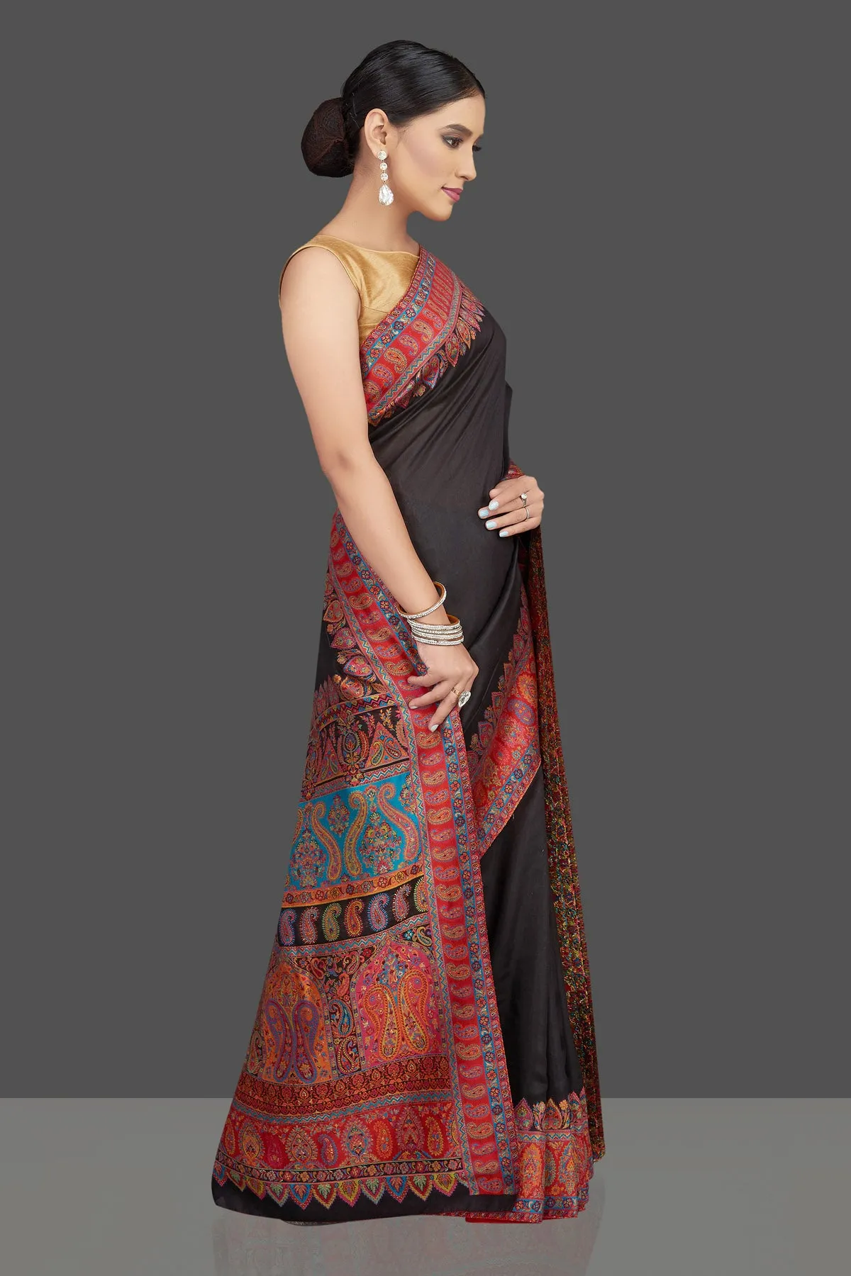 90K789-RO Black Tussar Silk Saree with Kani Embroidery