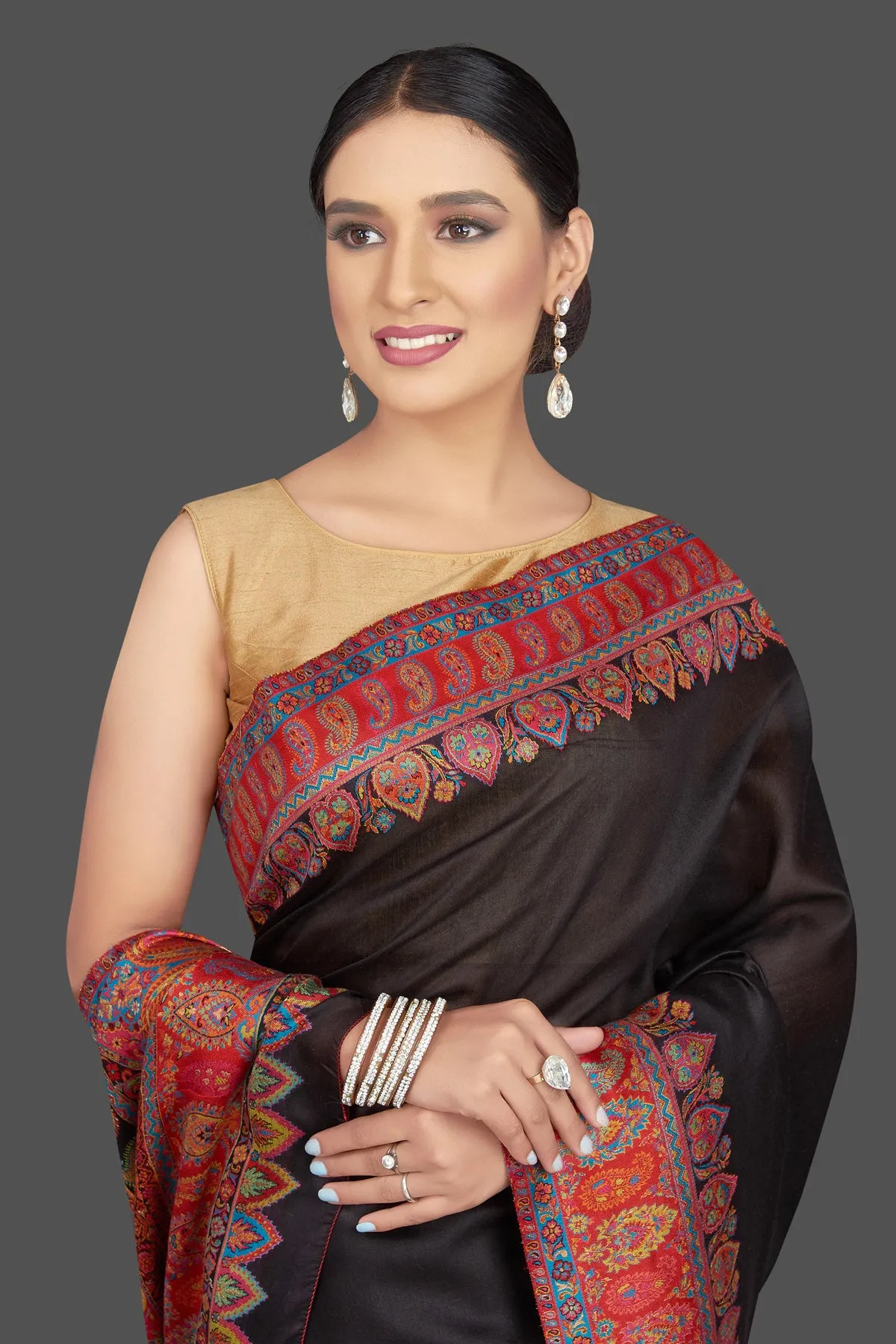 90K789-RO Black Tussar Silk Saree with Kani Embroidery