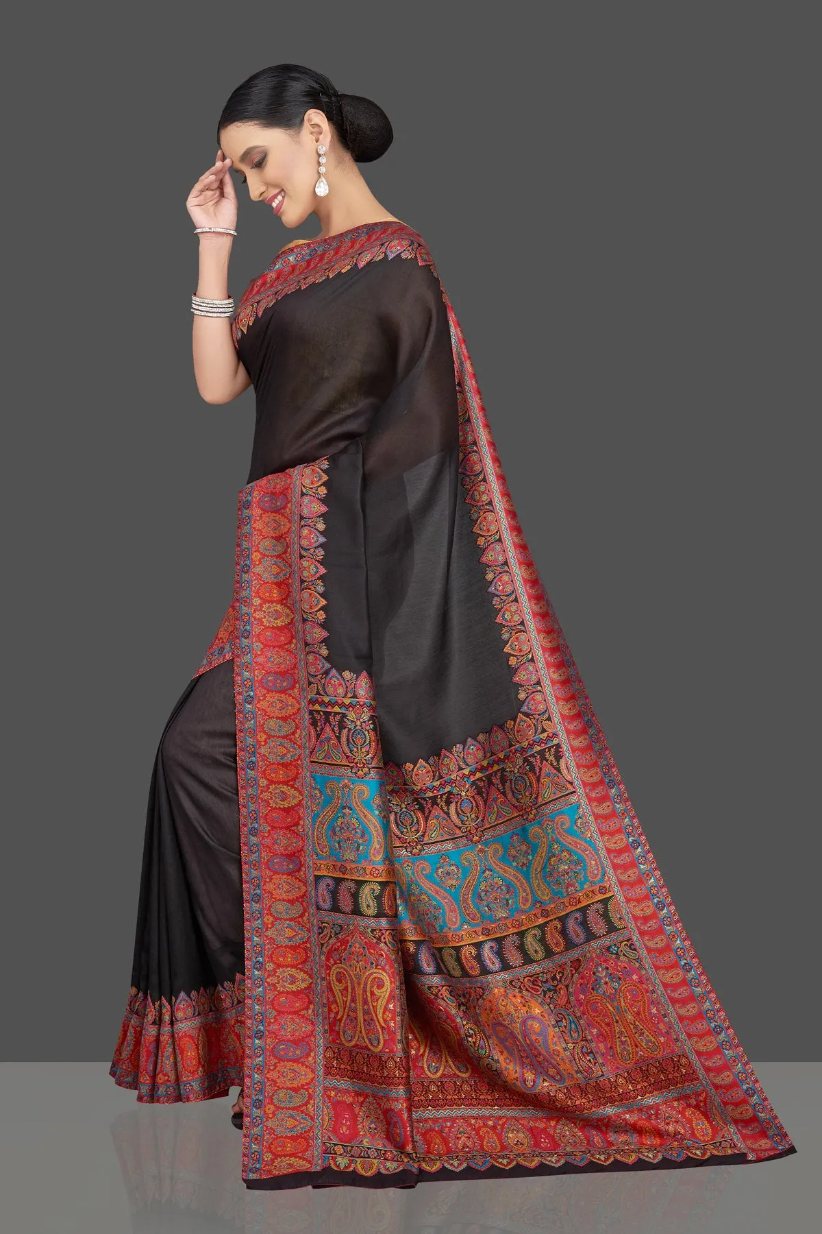 90K789-RO Black Tussar Silk Saree with Kani Embroidery