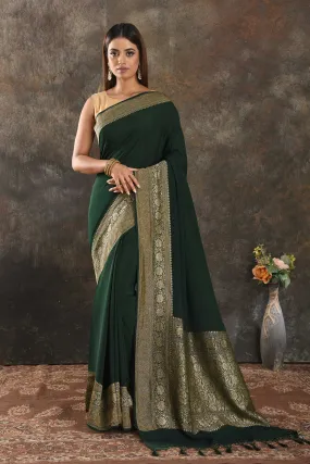 90N372-RO Bottle Green Crepe Saree with Antique Zari Border