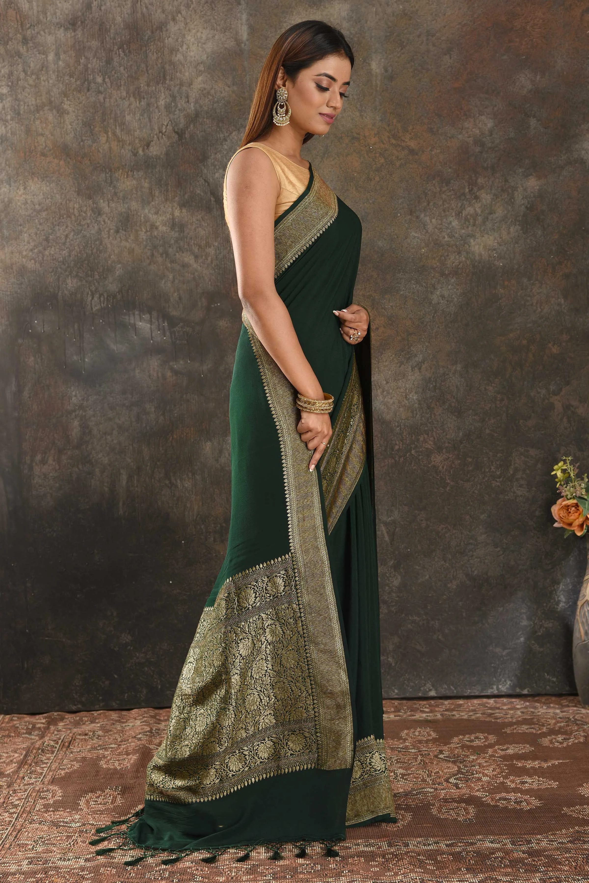 90N372-RO Bottle Green Crepe Saree with Antique Zari Border