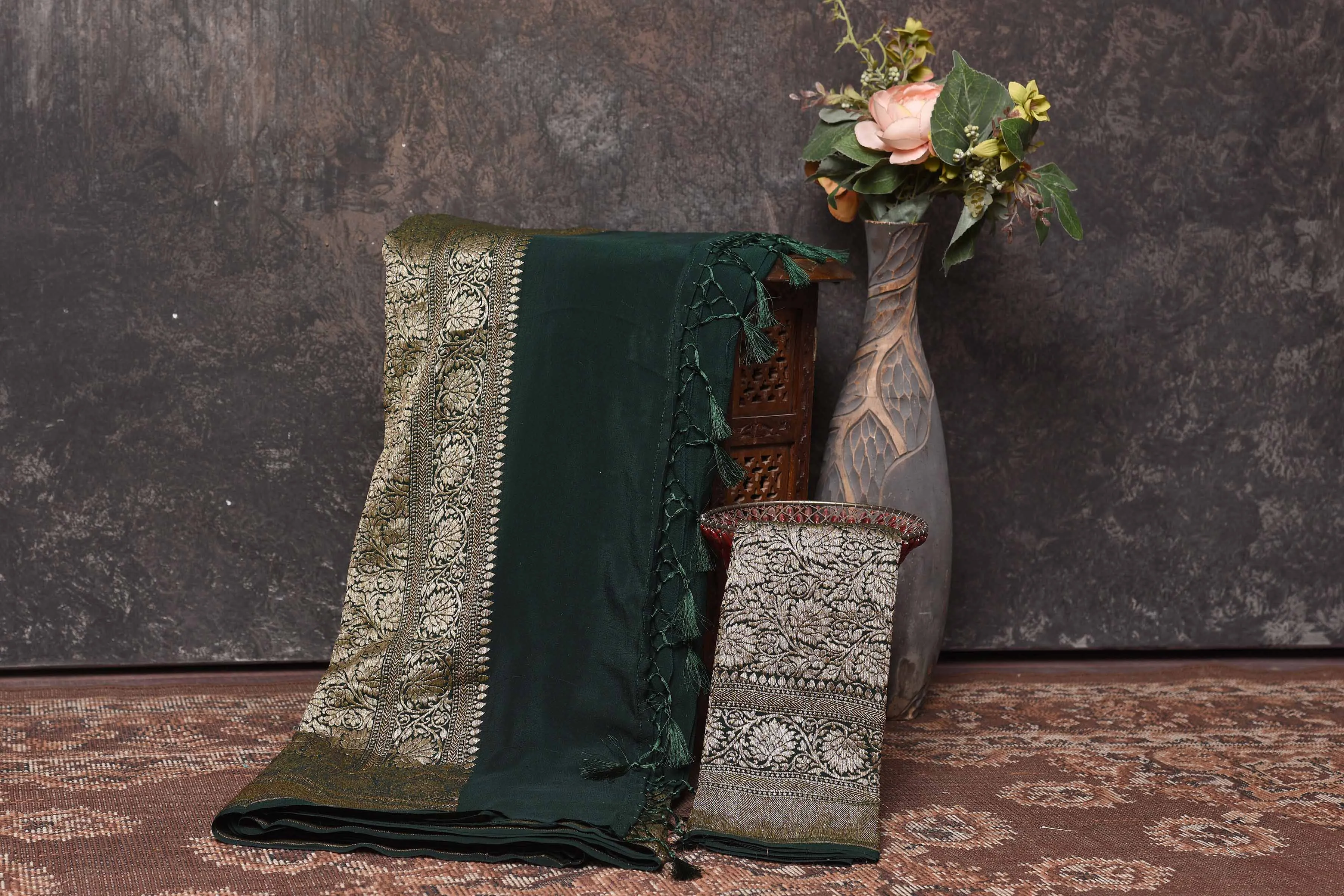 90N372-RO Bottle Green Crepe Saree with Antique Zari Border