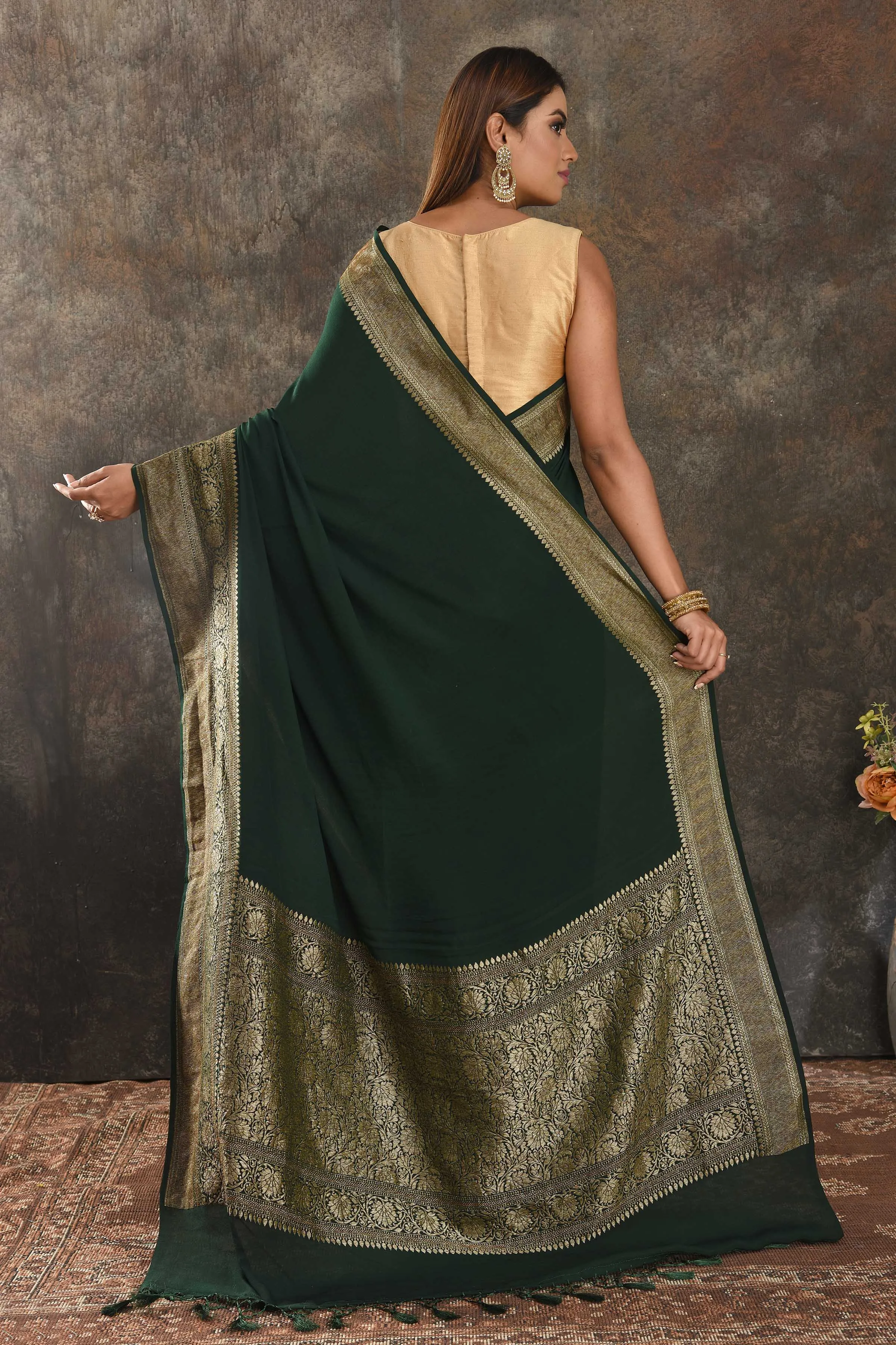 90N372-RO Bottle Green Crepe Saree with Antique Zari Border