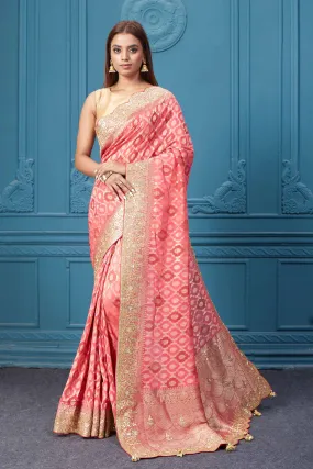 91A028 Pink Banarasi Saree with Embroidered Border