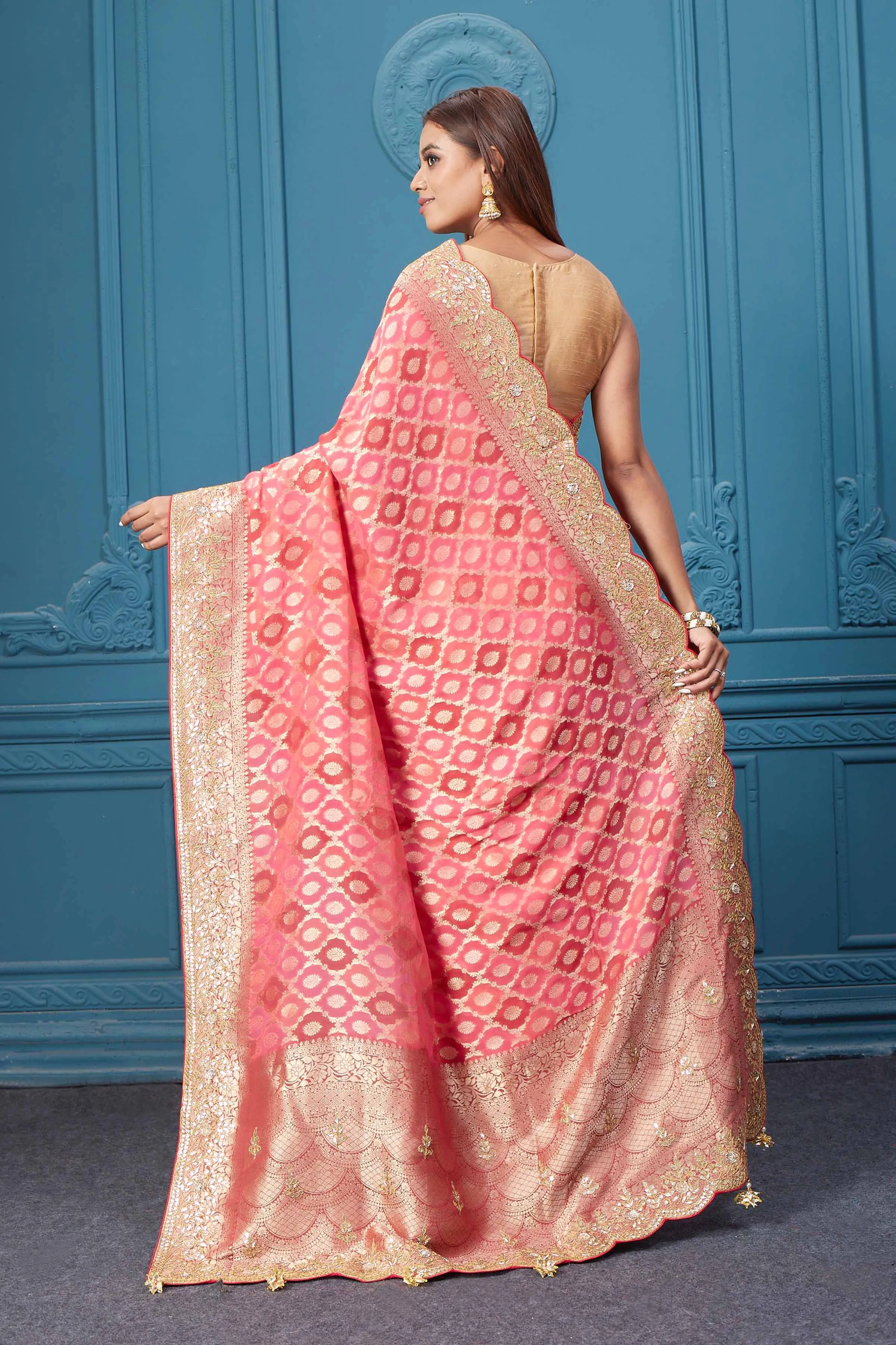 91A028 Pink Banarasi Saree with Embroidered Border