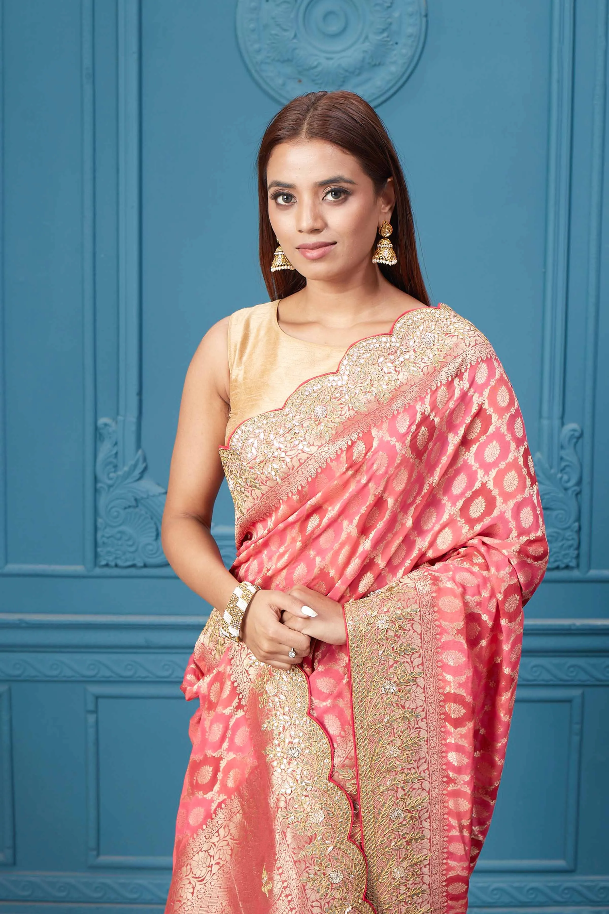 91A028 Pink Banarasi Saree with Embroidered Border