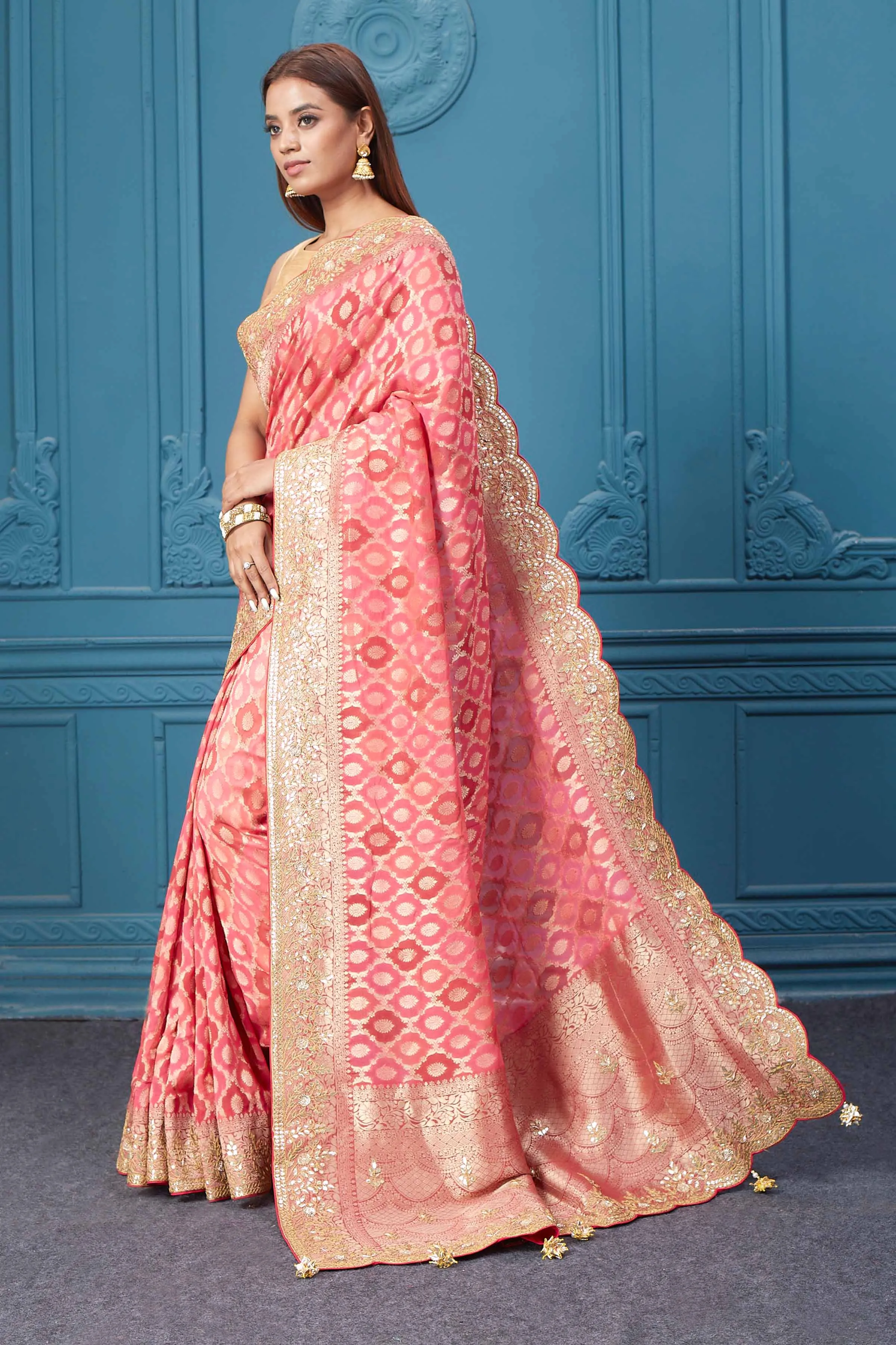 91A028 Pink Banarasi Saree with Embroidered Border