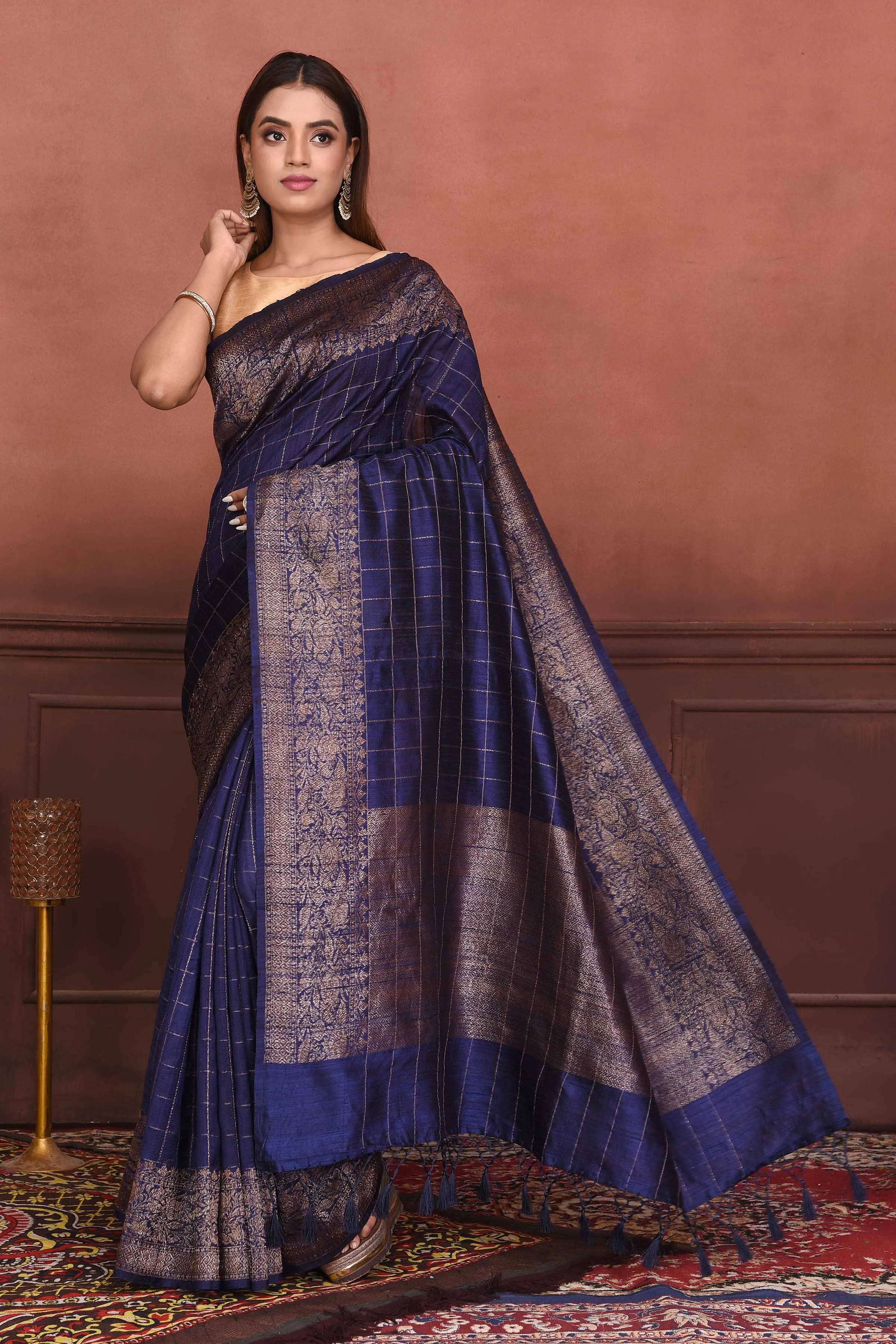 91A152-RO Navy Blue Tussar Banarasi Saree with Antique Zari Border