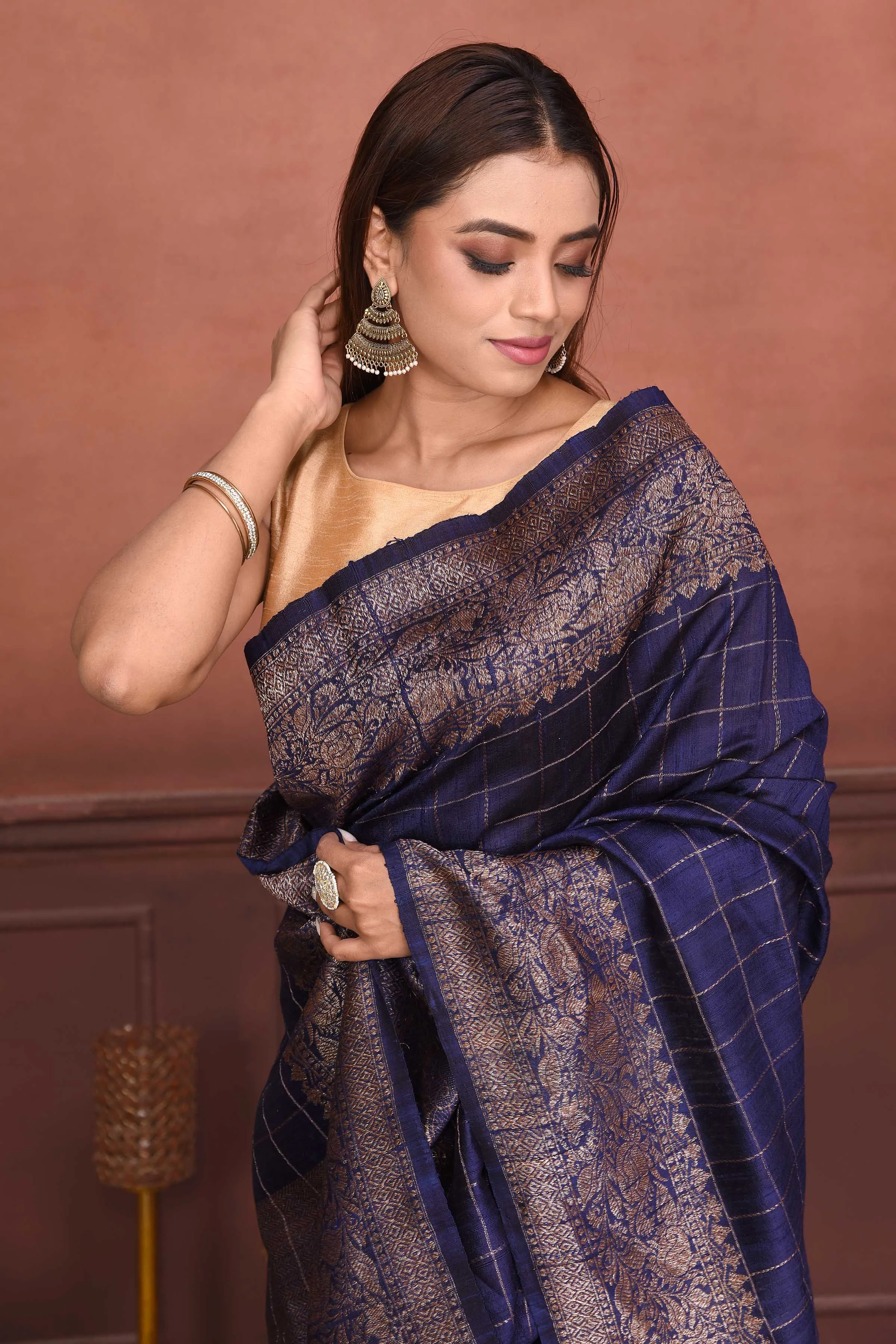 91A152-RO Navy Blue Tussar Banarasi Saree with Antique Zari Border