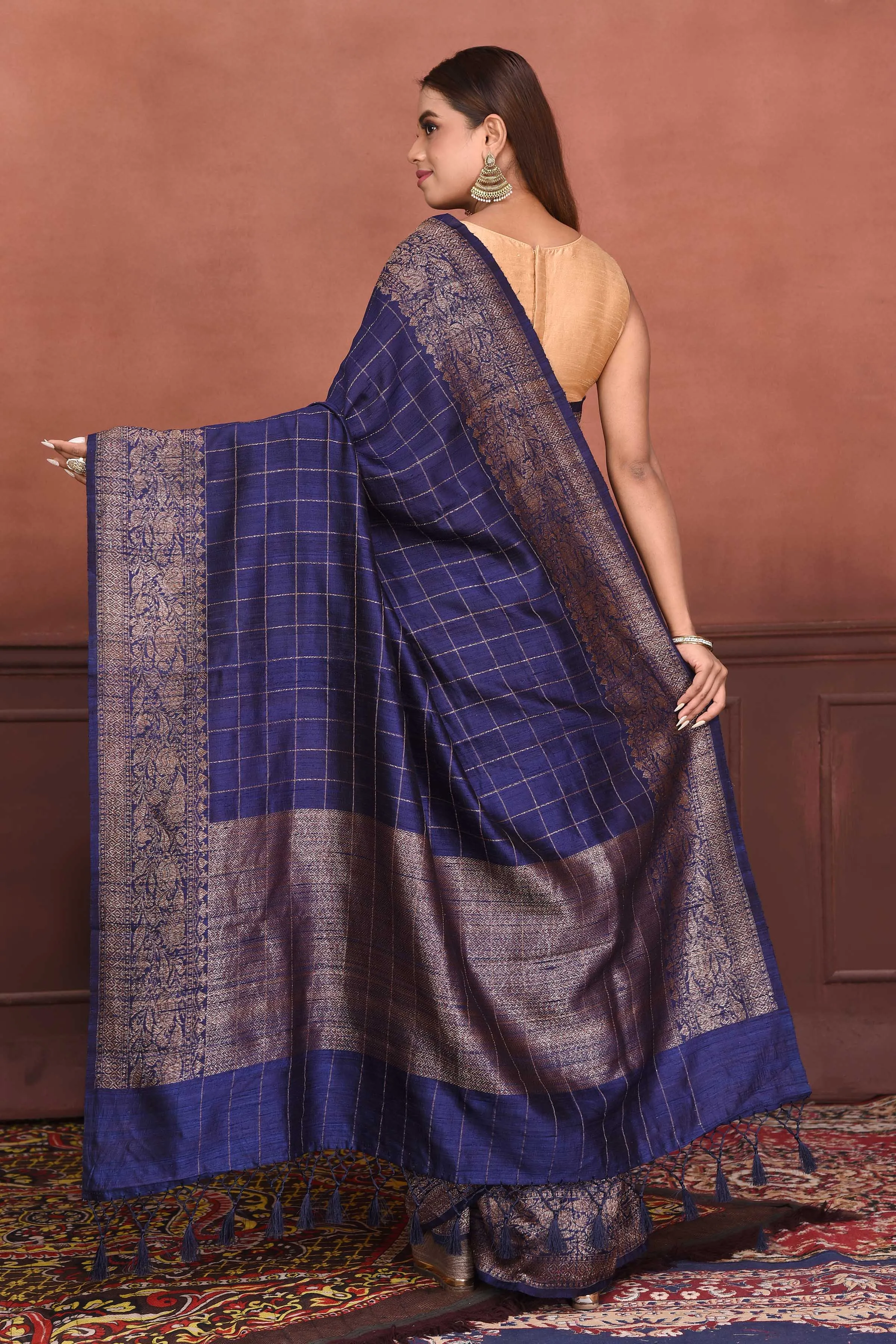 91A152-RO Navy Blue Tussar Banarasi Saree with Antique Zari Border