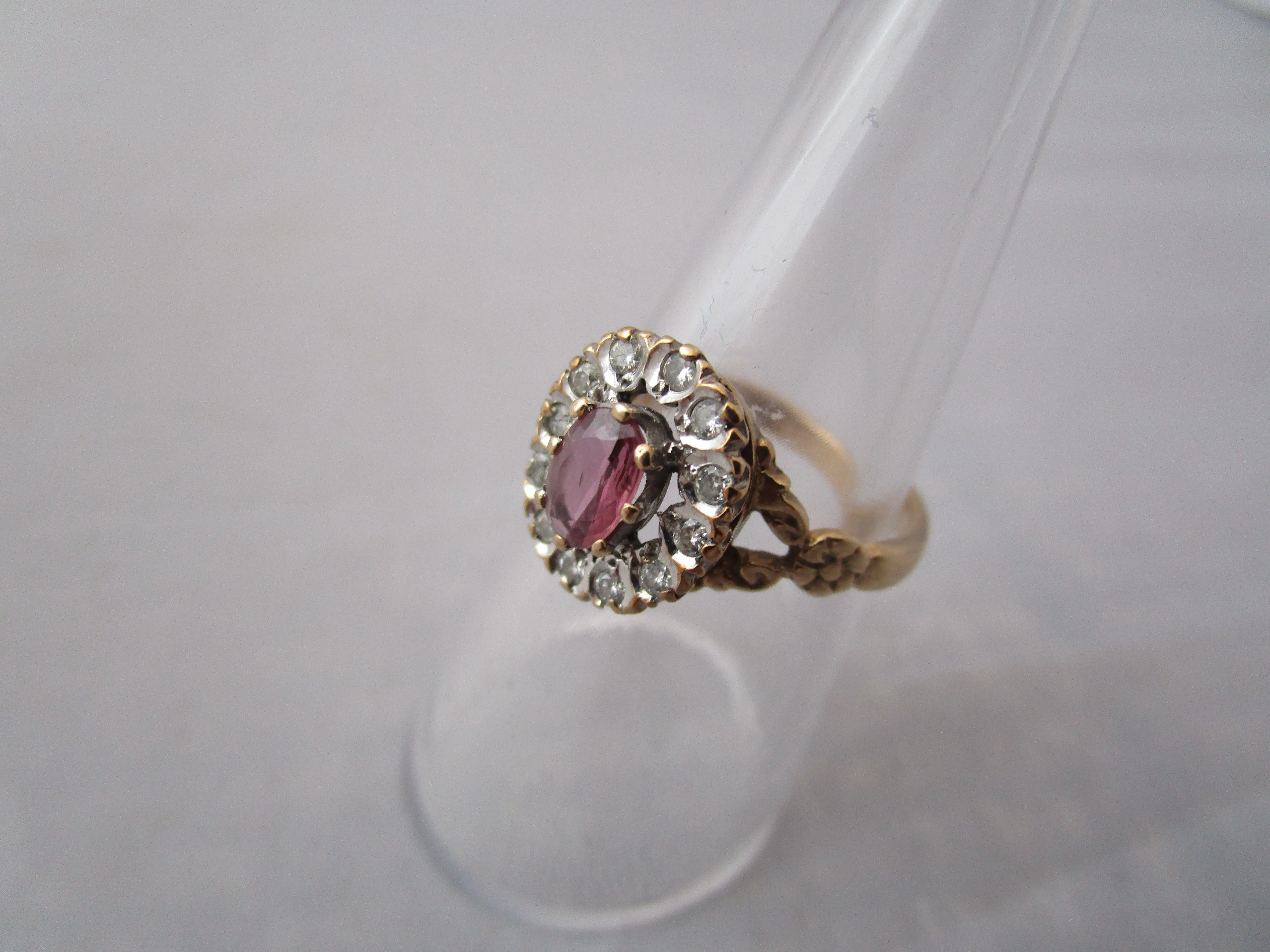 9K Gold Pink Ruby And Diamond Cluster Ring Vintage c1980