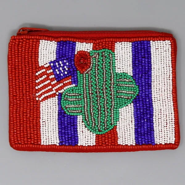 American Flag Cactus Seed Beaded Coin Purse