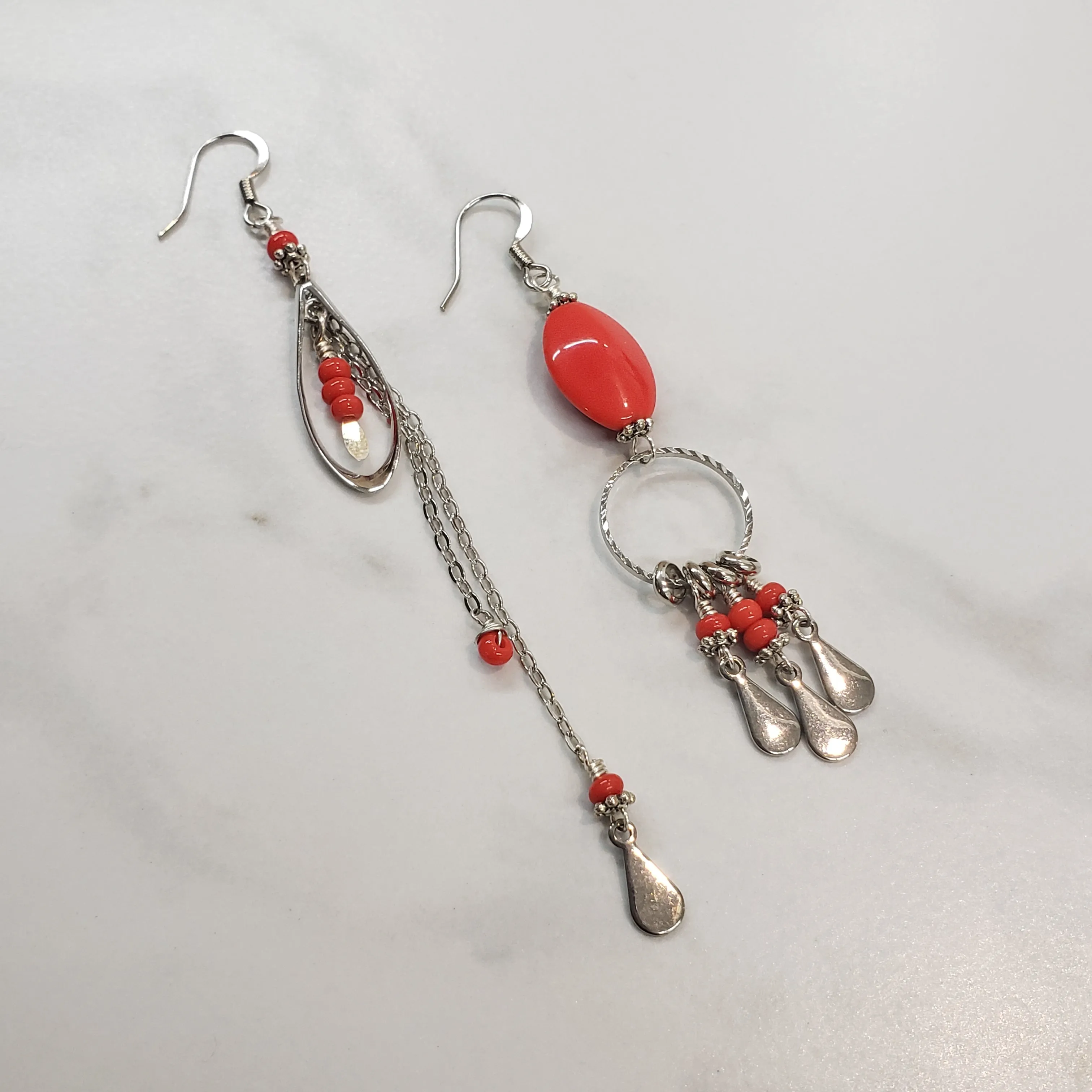 Asymmetric Candy Apple Red Milk Glass Earrings