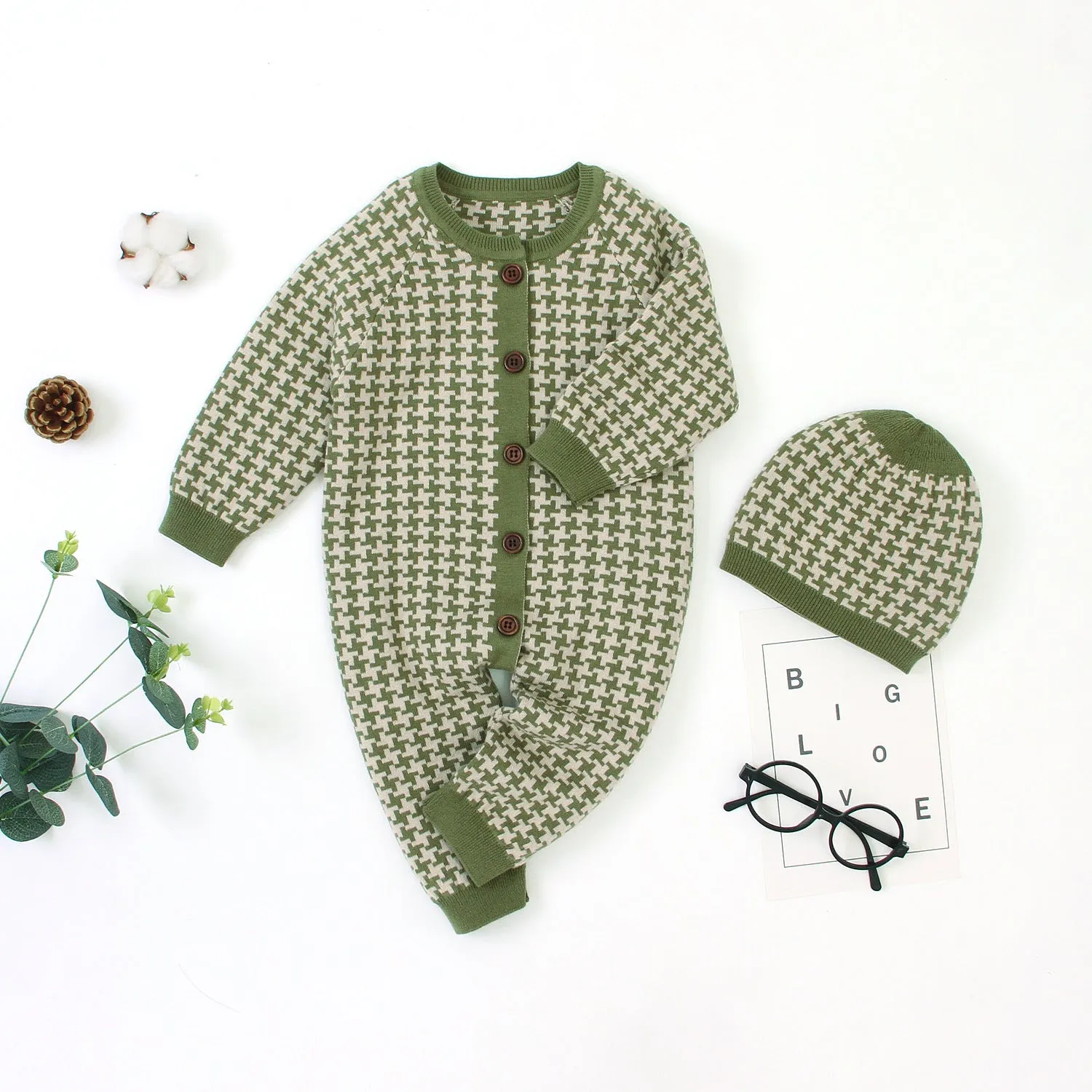 Baby Boys Girls Checkered Knit Sweater Jumpsuit Hat Set