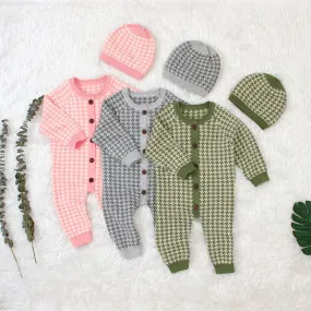 Baby Boys Girls Checkered Knit Sweater Jumpsuit Hat Set