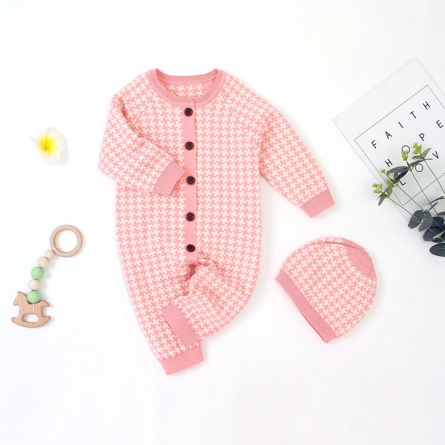 Baby Boys Girls Checkered Knit Sweater Jumpsuit Hat Set