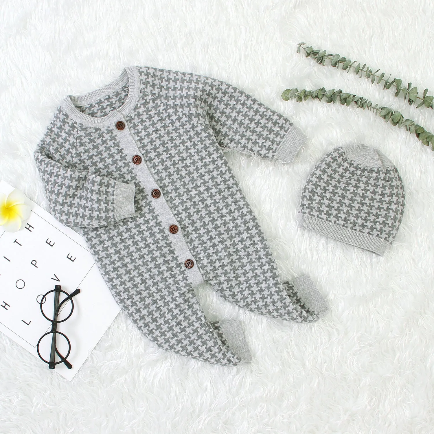 Baby Boys Girls Checkered Knit Sweater Jumpsuit Hat Set