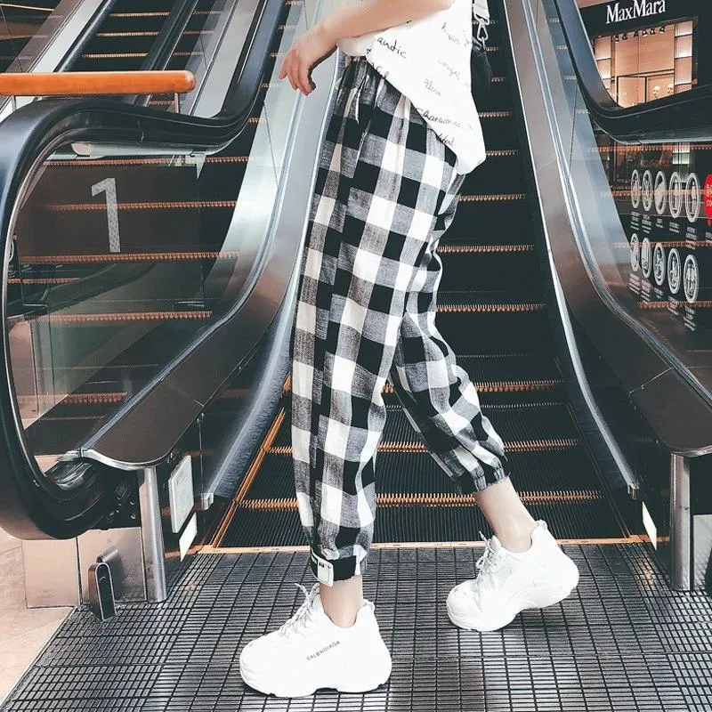 Black White Plaid Harem Pants Loose Drawstring