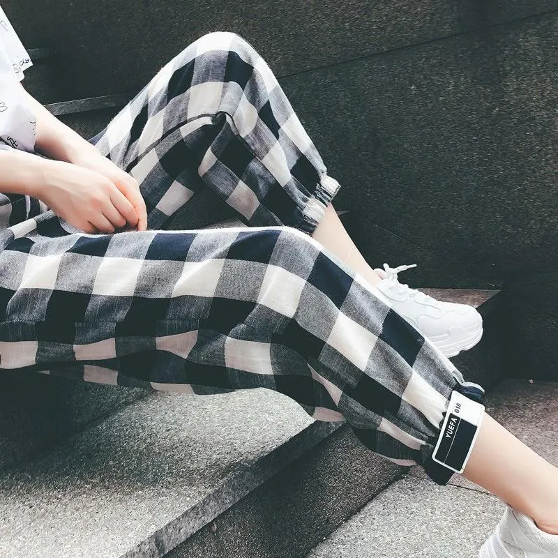 Black White Plaid Harem Pants Loose Drawstring