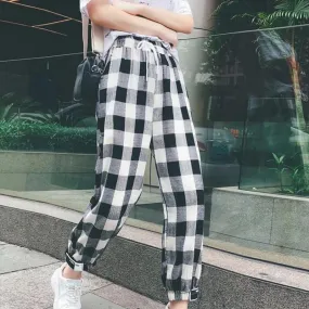 Black White Plaid Harem Pants Loose Drawstring