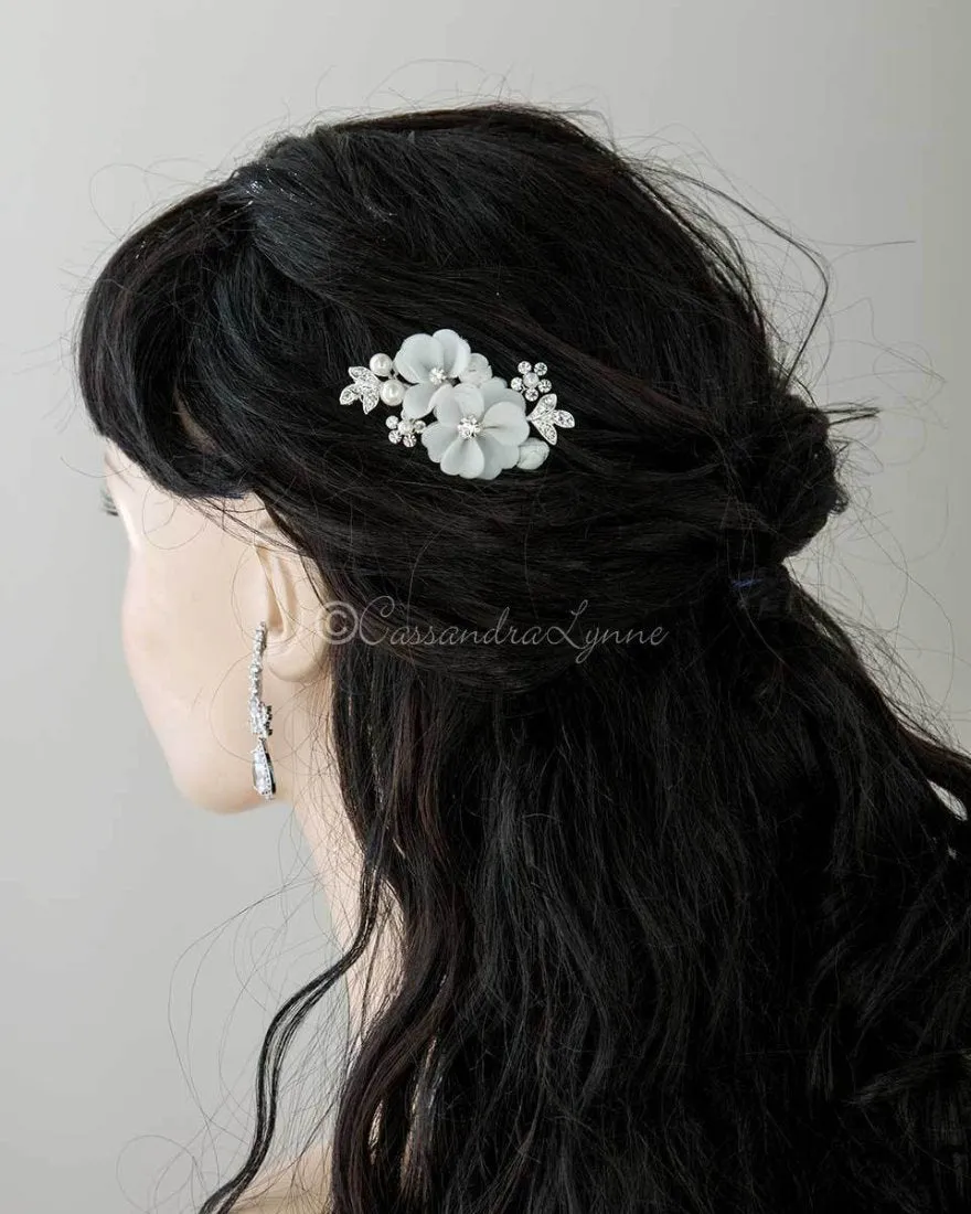 Bridal Hair Pin of Ivory Fabric Flowers and Pearls