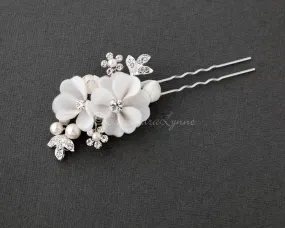 Bridal Hair Pin of Ivory Fabric Flowers and Pearls