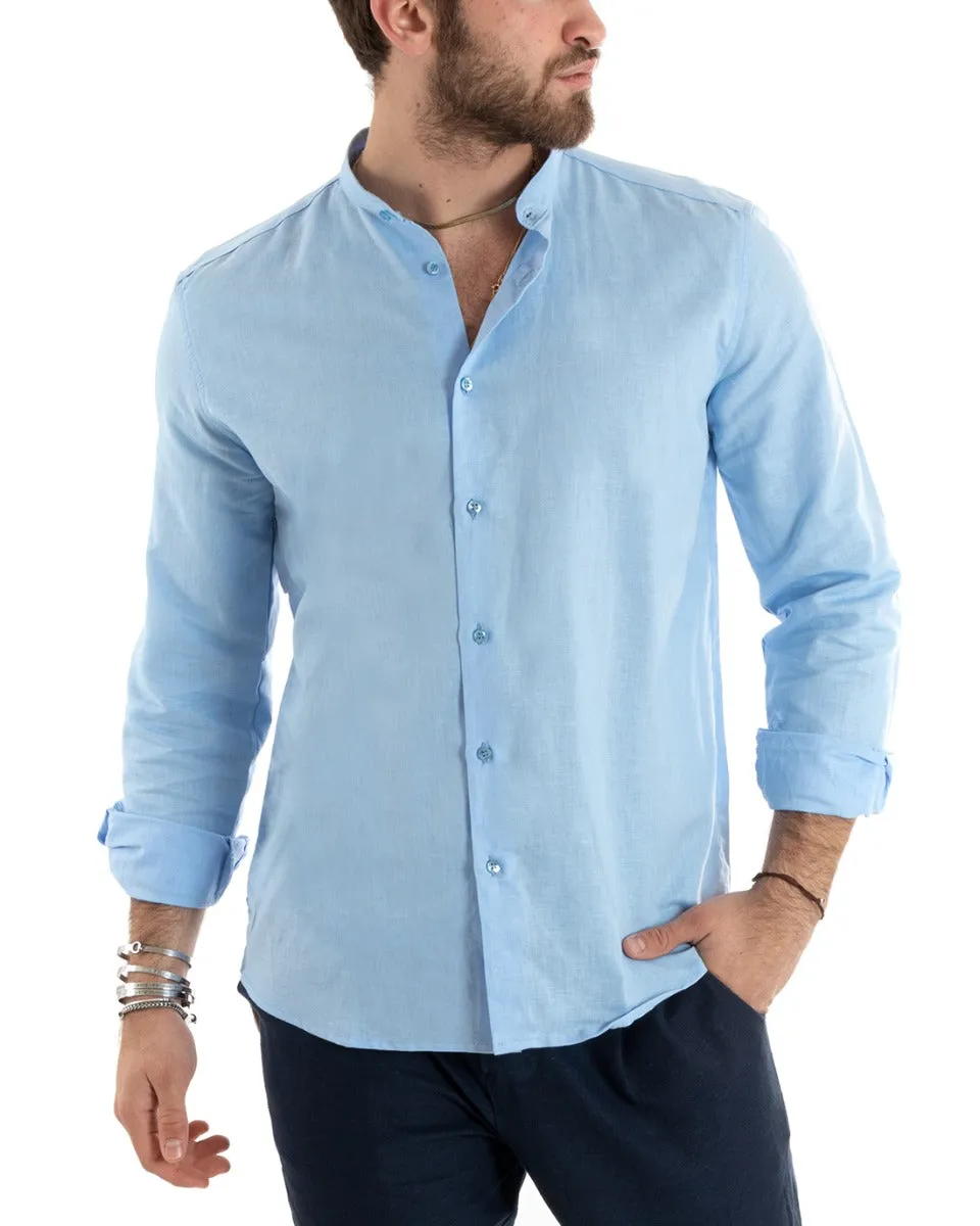 Camicia Uomo Collo Coreano Manica Lunga Lino Tinta Unita Sartoriale Celeste GIOSAL-C2670A