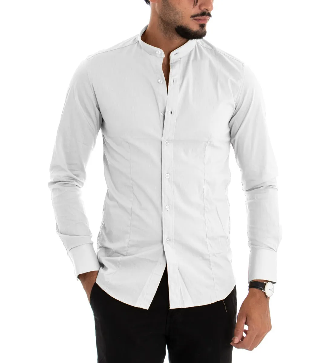 Camicia Uomo Collo Coreano Manica Lunga Slim Fit Basic Casual Cotone Bianco GIOSAL-C1821A