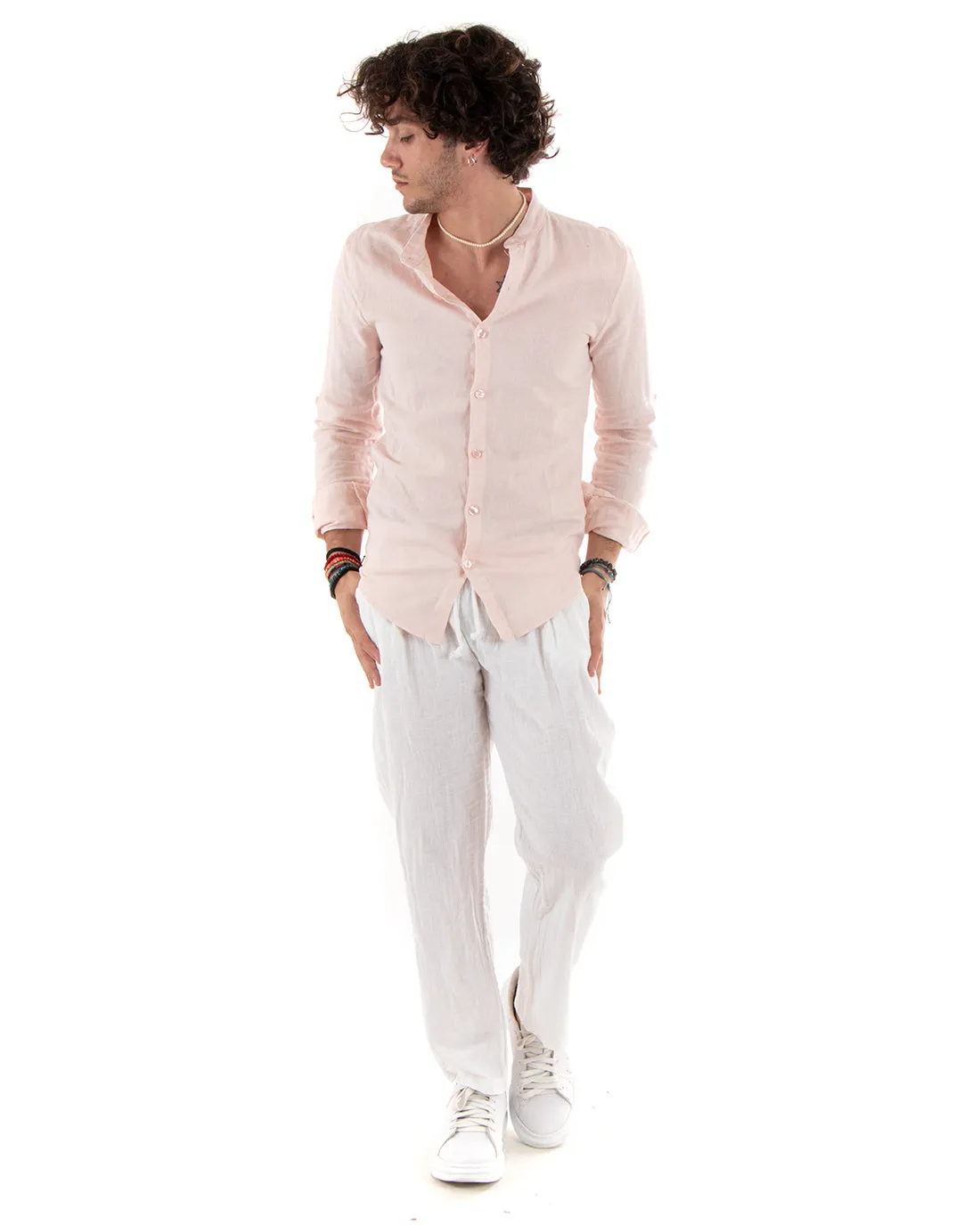 Camicia Uomo Collo Coreano Slim Fit Lino Tinta Unita Maniche Lunghe Rosa GIOSAL-C2782A