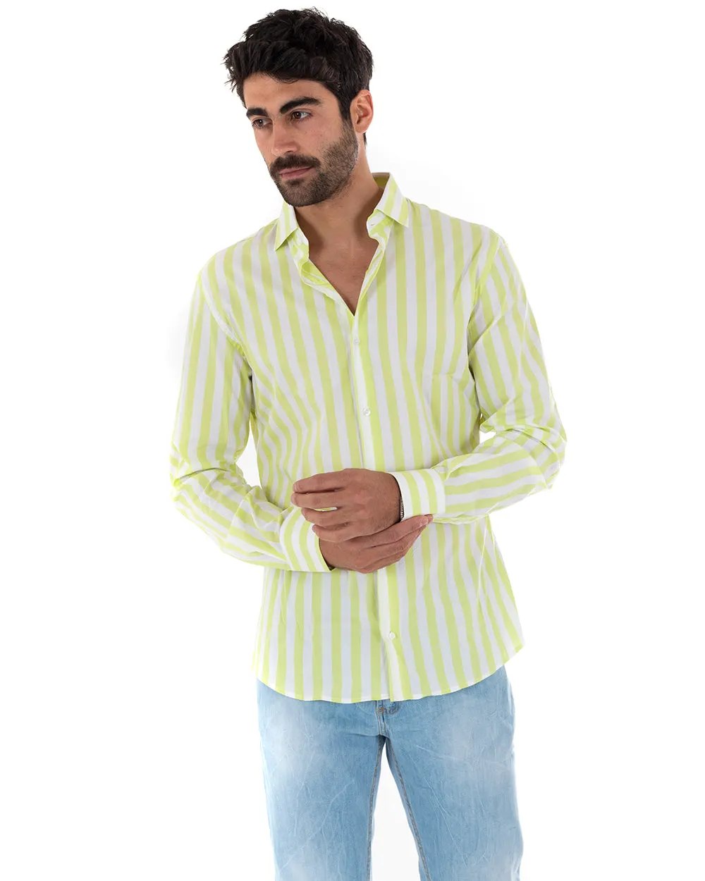 Camicia Uomo Con Colletto Manica Lunga Cotone Rigata Giallo GIOSAL-C2313A