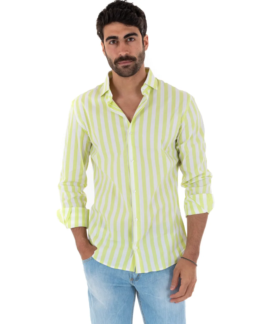 Camicia Uomo Con Colletto Manica Lunga Cotone Rigata Giallo GIOSAL-C2313A