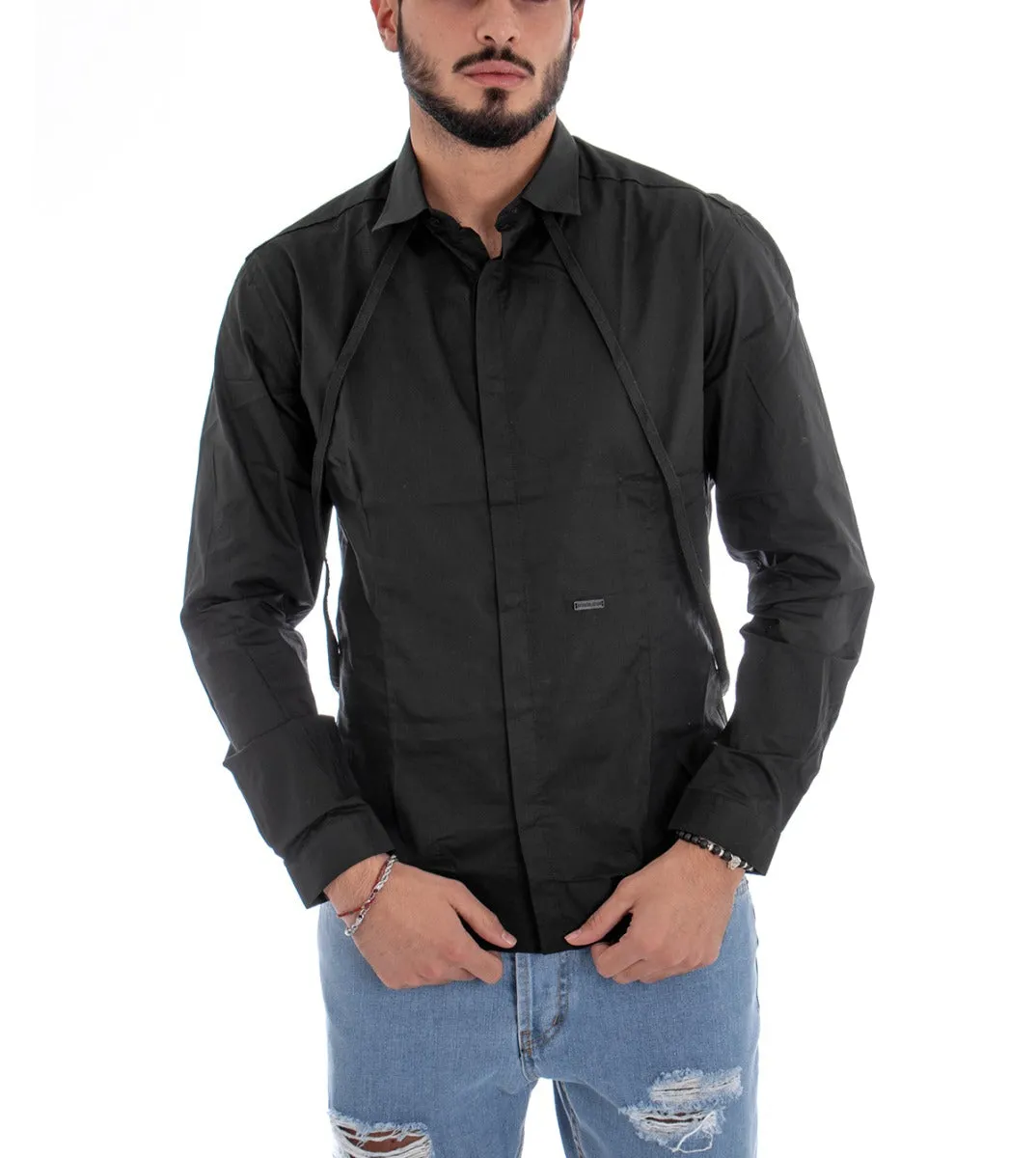 Camicia Uomo Con Colletto Manica Lunga Slim Fit Casual Cotone Bretelle Nero GIOSAL-C1453A