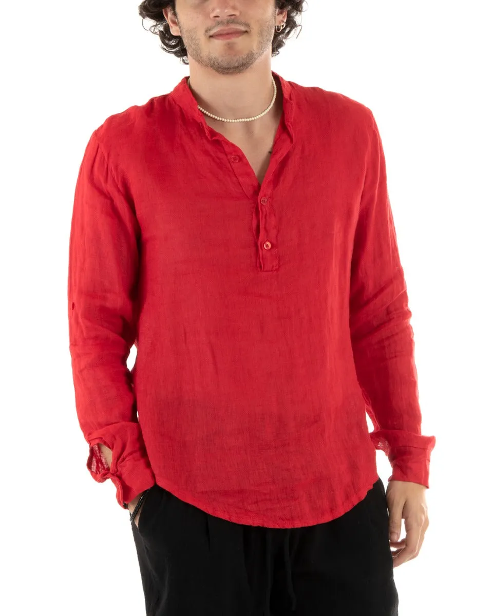 Camicia Uomo Lino Collo Serafino Mezzo Bottone Tinta Unita Casacca Rosso GIOSAL-C2800A