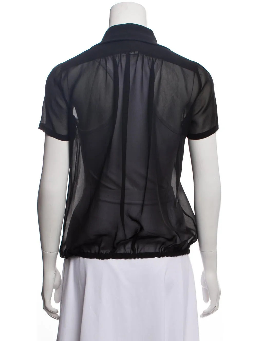 Chanel 2004 Cruise 04C Black Silk Chiffon Short Sleeve Sheer Drawstring Blouse Top FR 36 US 2/4