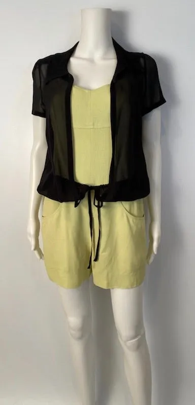 Chanel 2004 Cruise 04C Black Silk Chiffon Short Sleeve Sheer Drawstring Blouse Top FR 36 US 2/4