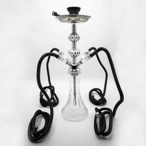 Clear Flower Pattern Glass Chrome Metal Hookah [Four Hose]