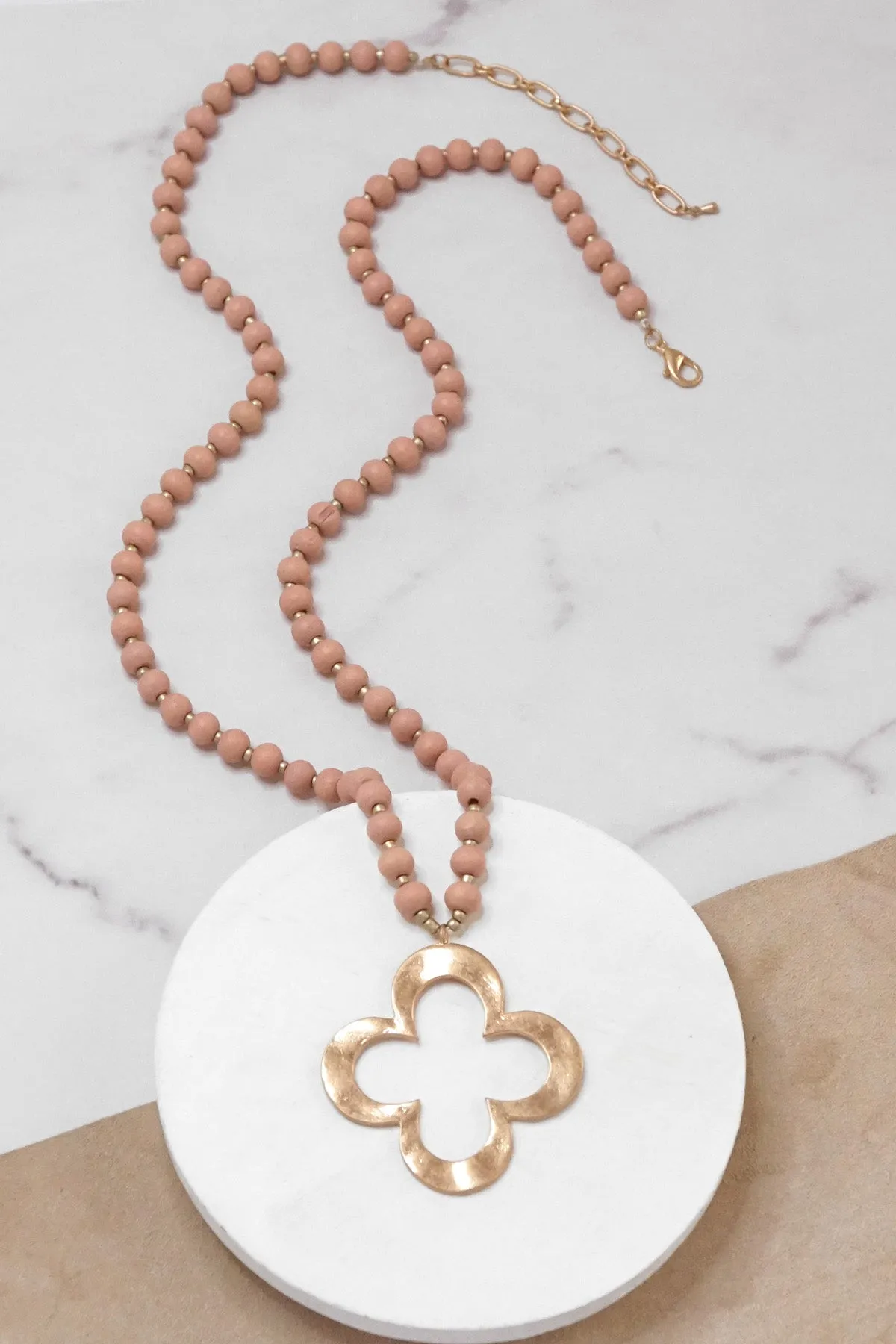 Clover Long Wooden Bead Necklace with gold Flower - Blush Muted Pink