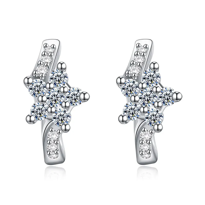 CZ Zircon Silver Flower Huggie Hoop Earrings