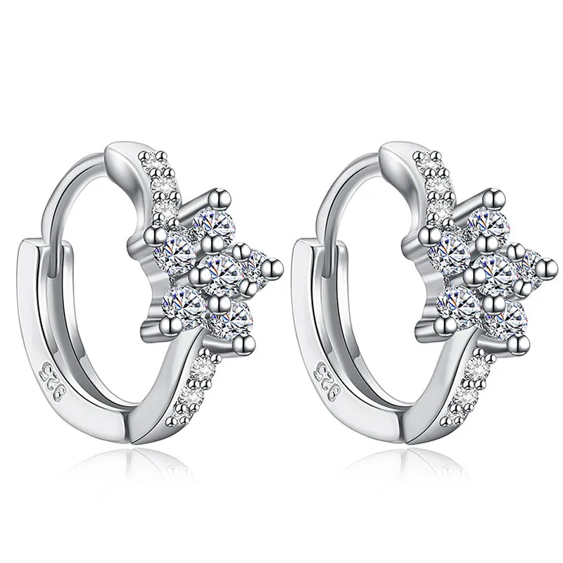 CZ Zircon Silver Flower Huggie Hoop Earrings