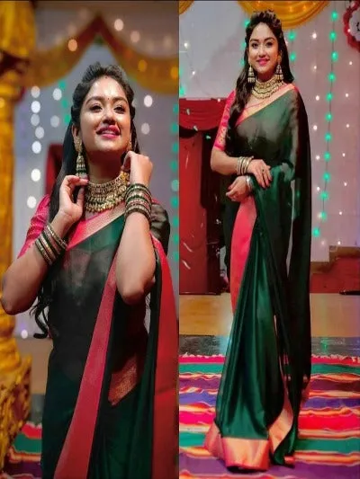 Dark Green Pure Marbel Chiffon Saree With Brocade Blouse