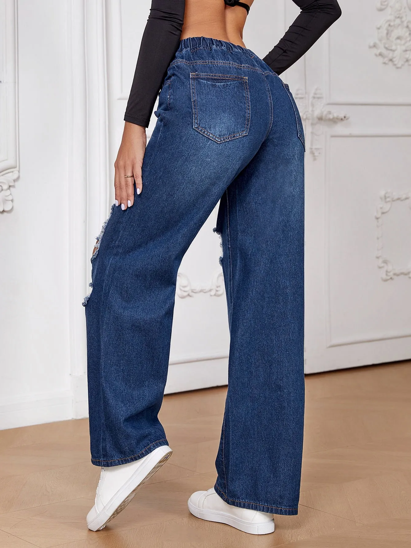 Drawstring Waist Cut Out Ripped Wide Leg Jeans