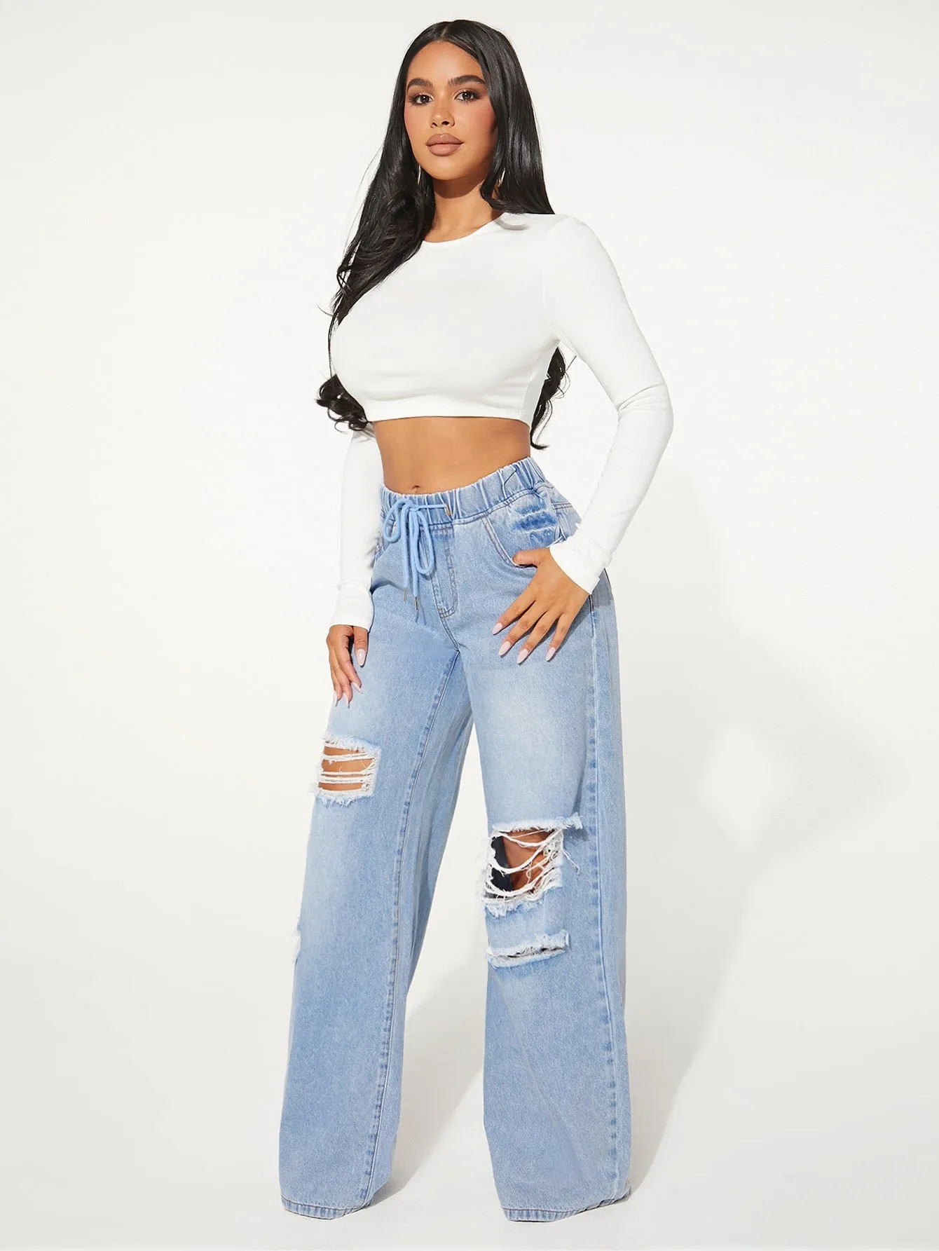 Drawstring Waist Cut Out Ripped Wide Leg Jeans