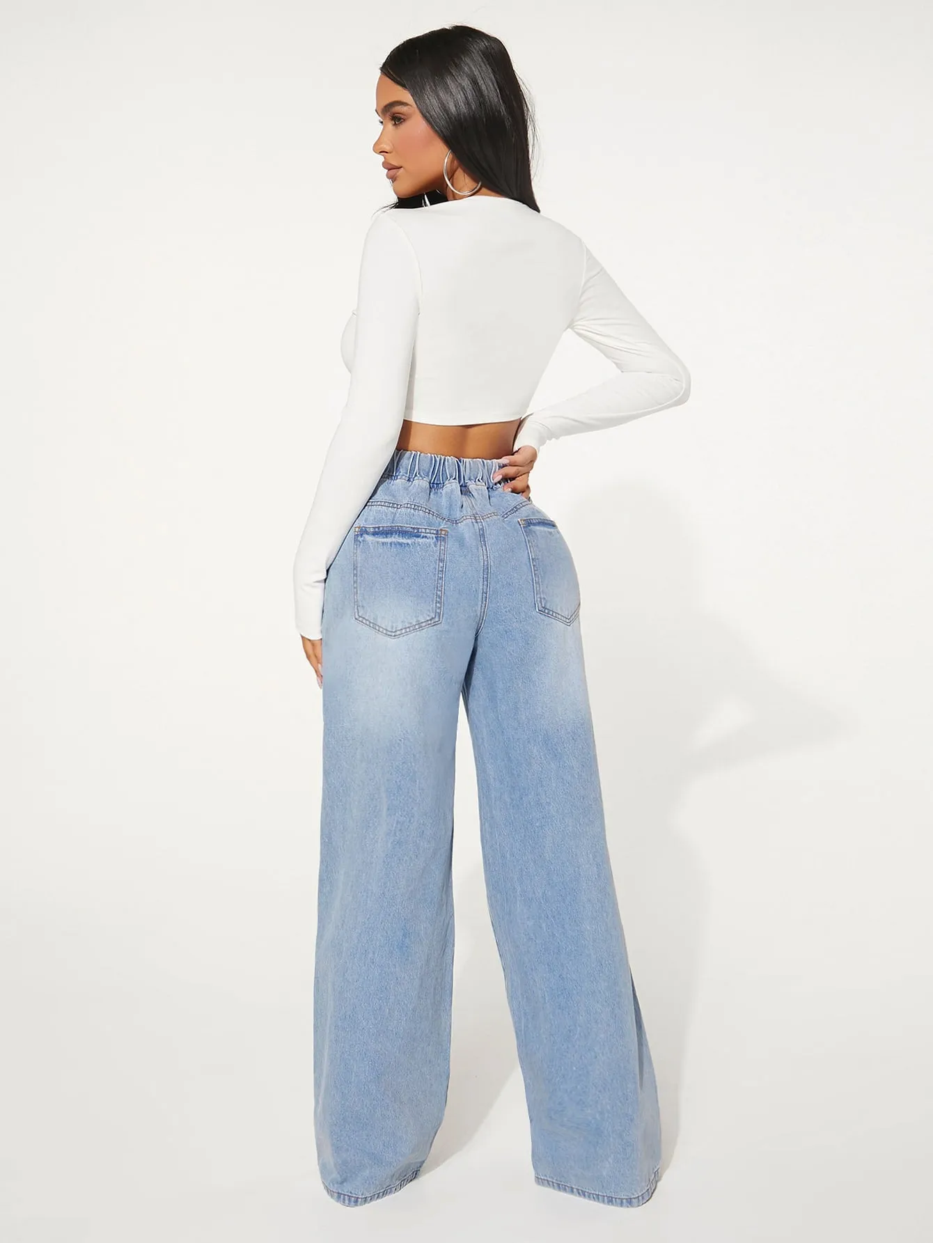 Drawstring Waist Cut Out Ripped Wide Leg Jeans